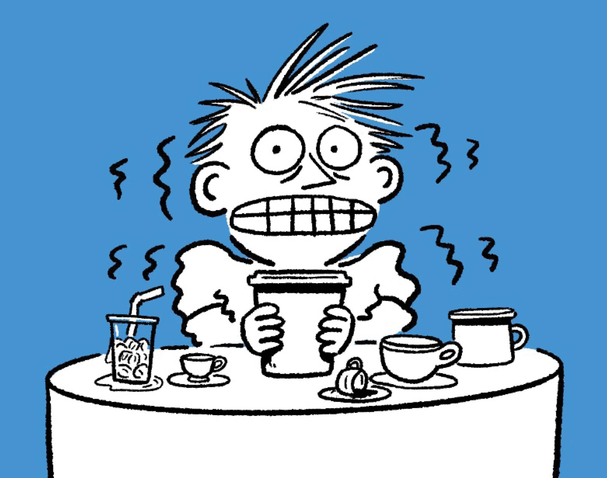 Illustration of a person sitting at a table with several types of coffee cups in front of him. He is holding a big take out cup of coffee and shaking.