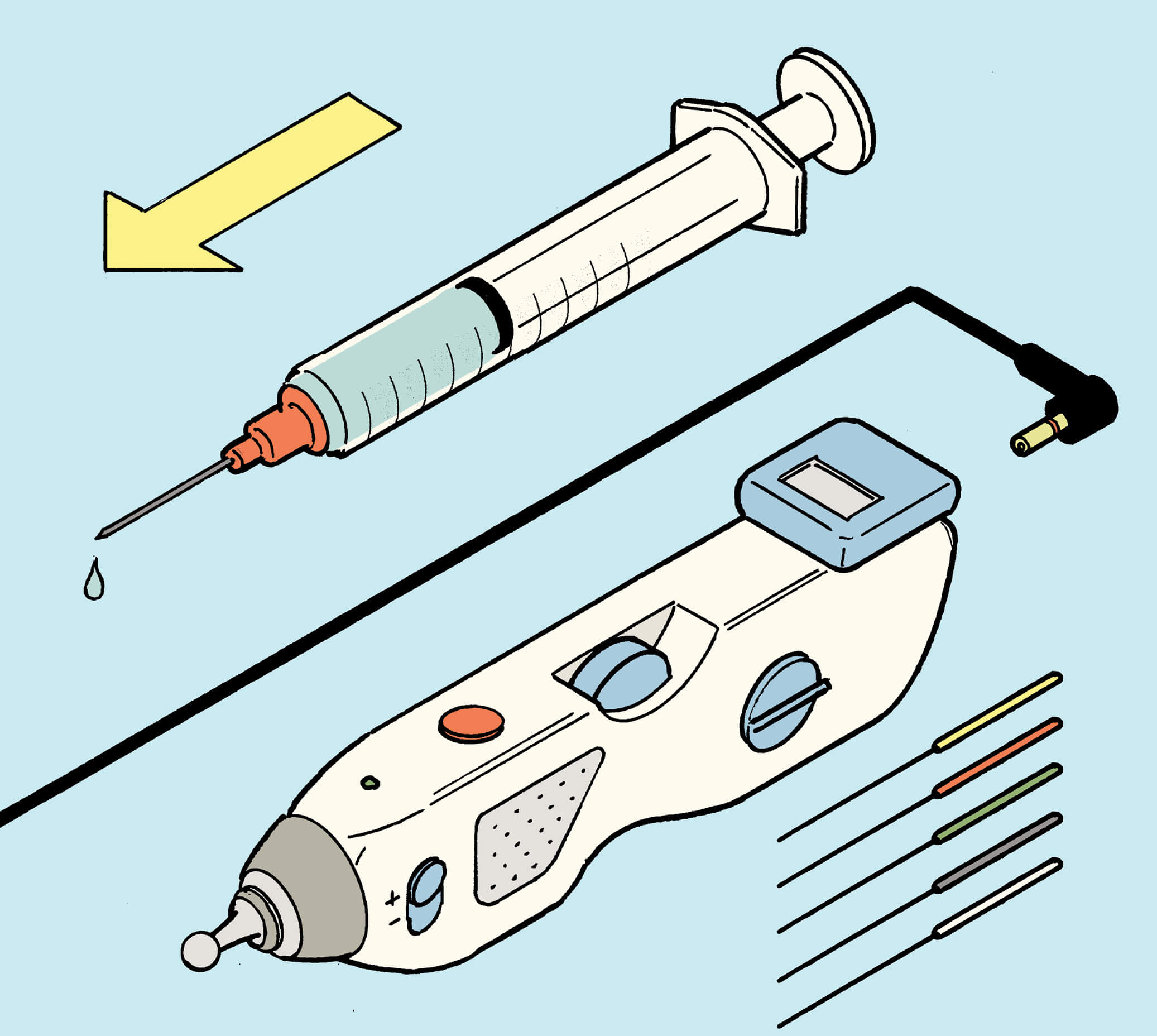 Illustration of a syringe and a medical gadget.
