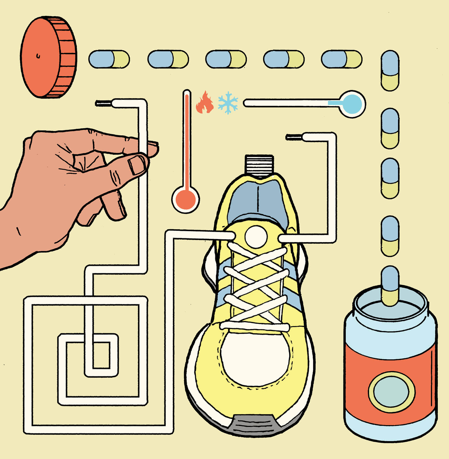 Illustration of a hand, pills, thermometer, and running shoe connected by maze-like lines, suggesting health, exercise, and medication.