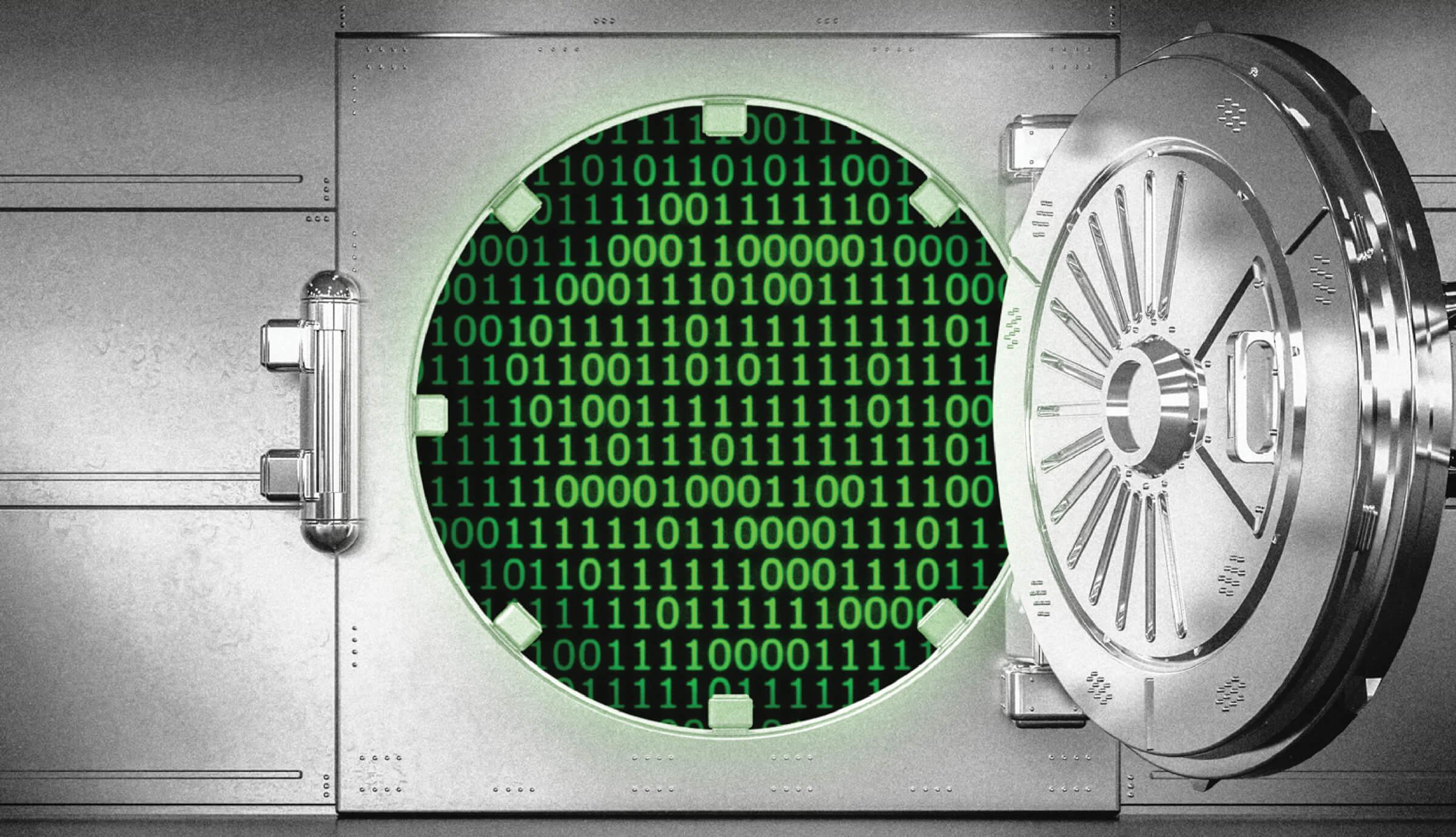 An open vault that reveals the binary code on the inside.