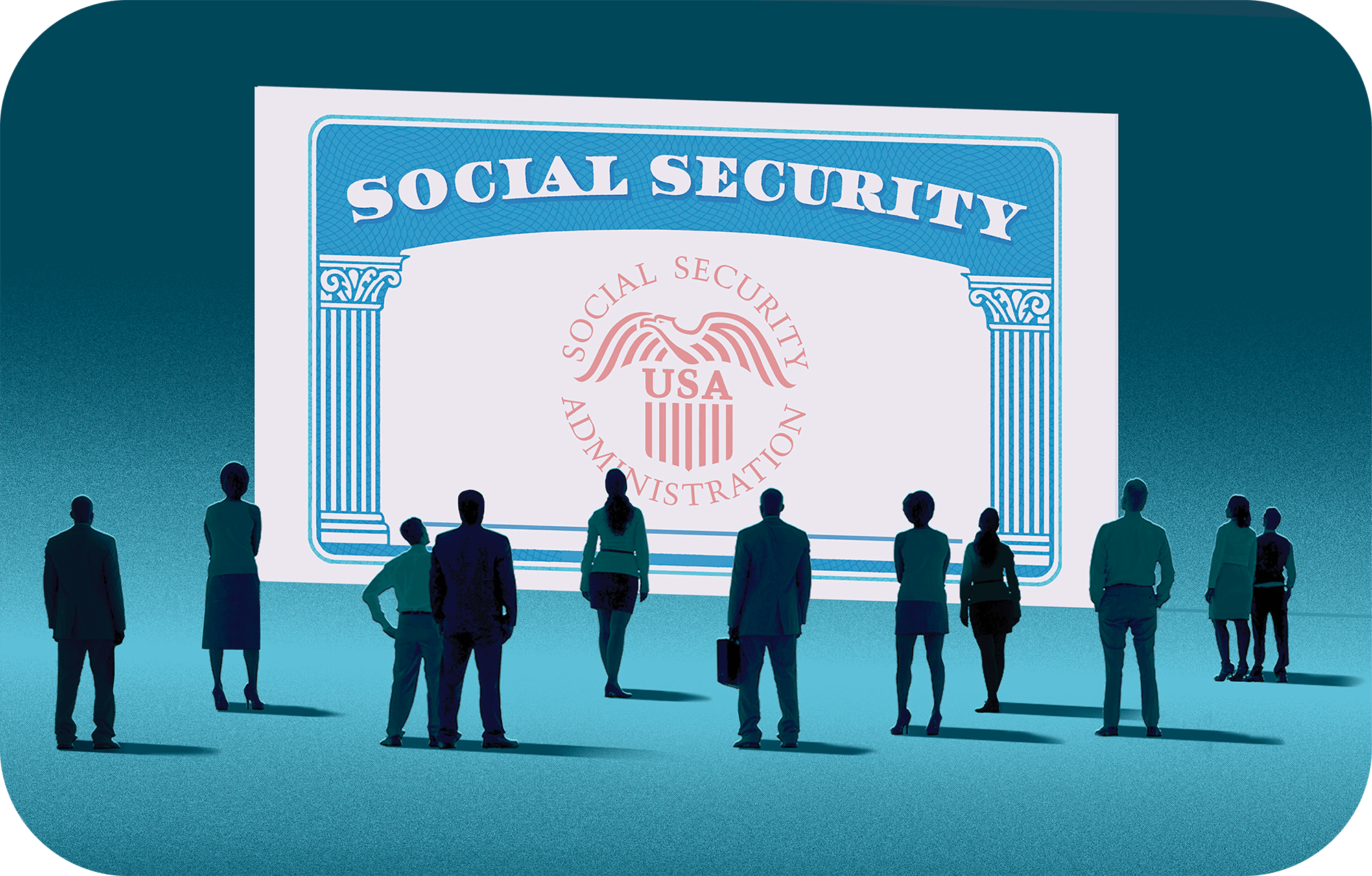 An illustration of a big social security card being looked at by several working class people.