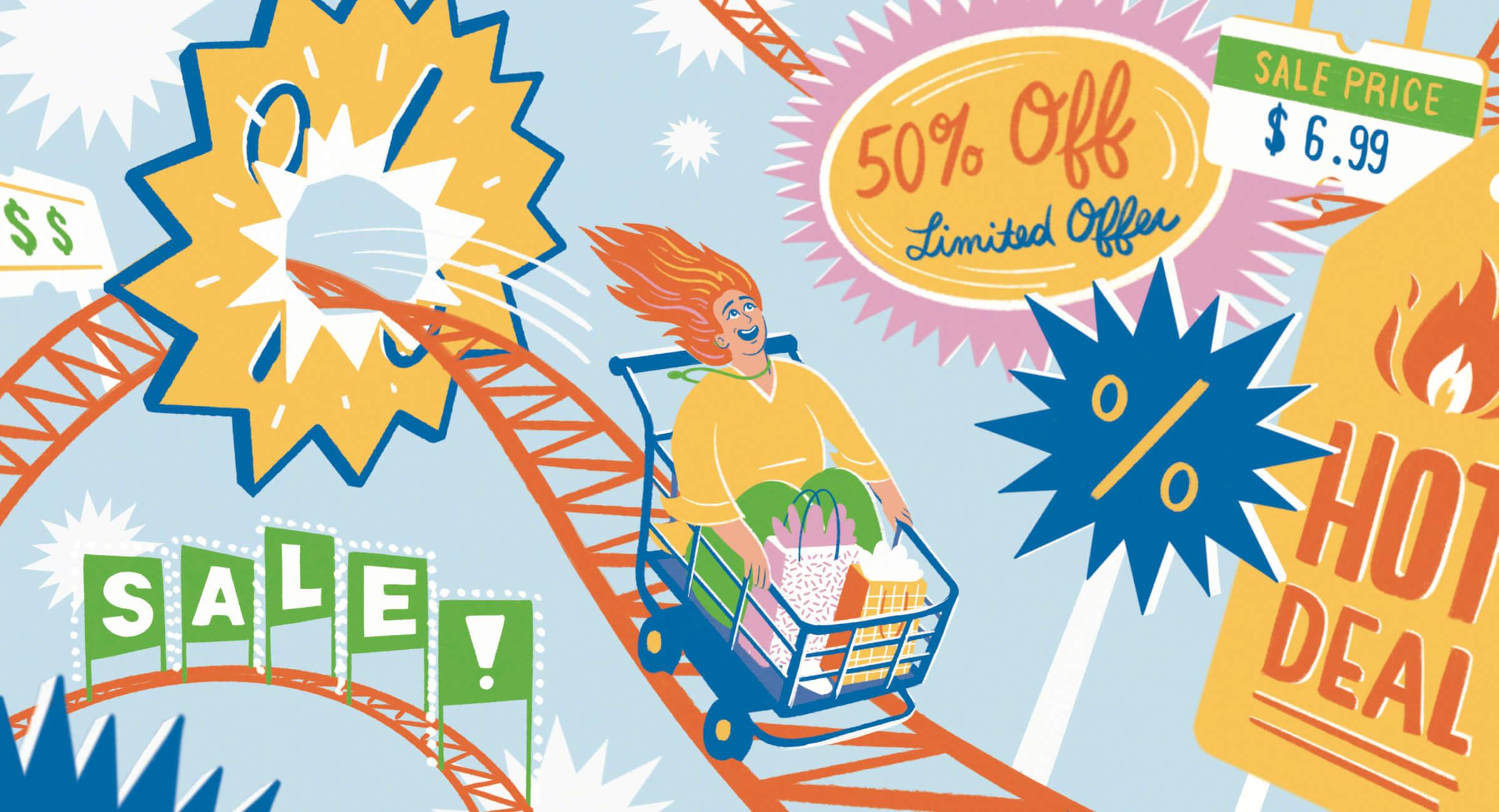 Illustration of a woman in a shopping cart riding a rollercoaster surrounded with hot deals, discounts and other sale signage. 