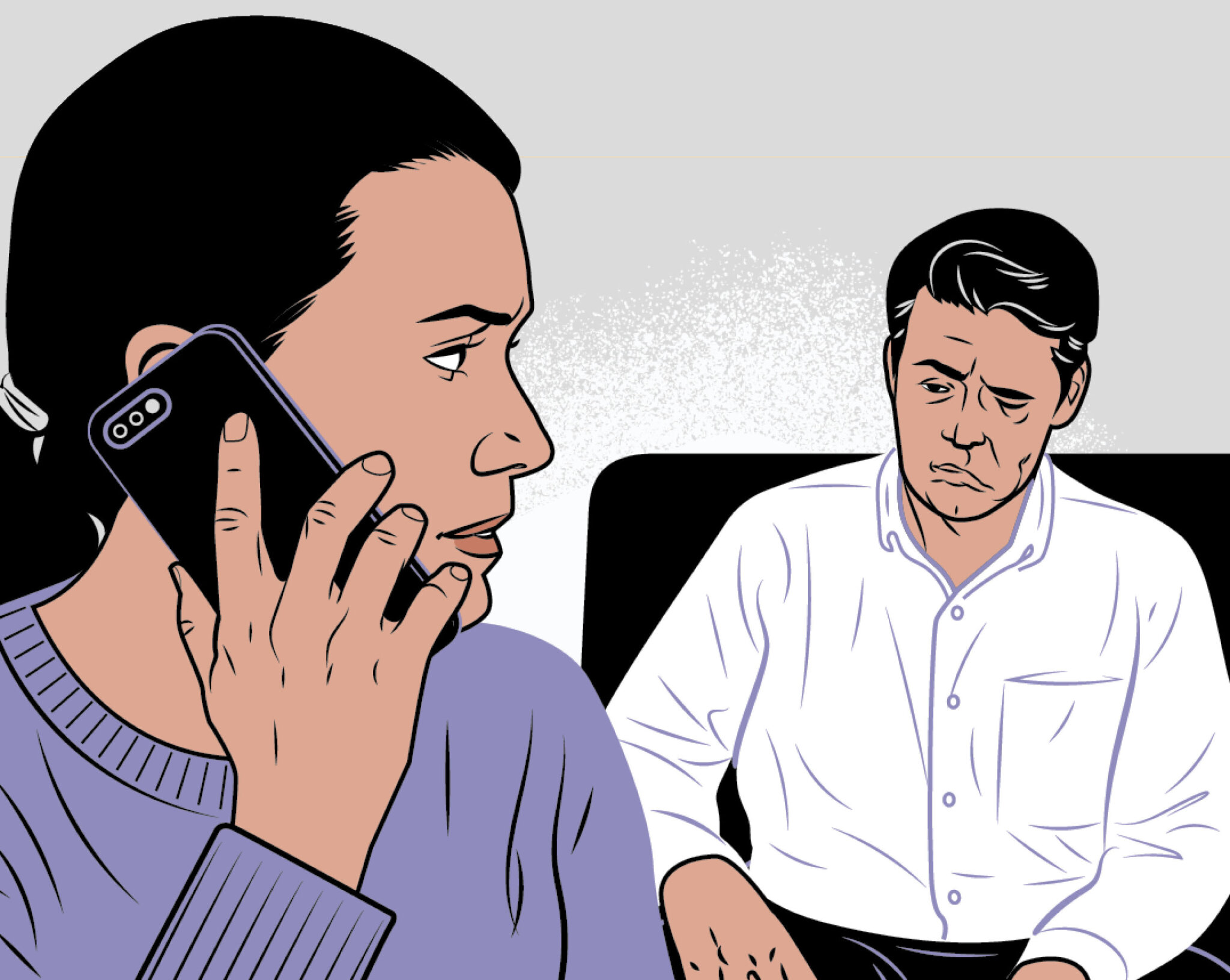 Illustration of a woman on call while a man sits behind her slightly leaning over in his chair with his face drooping