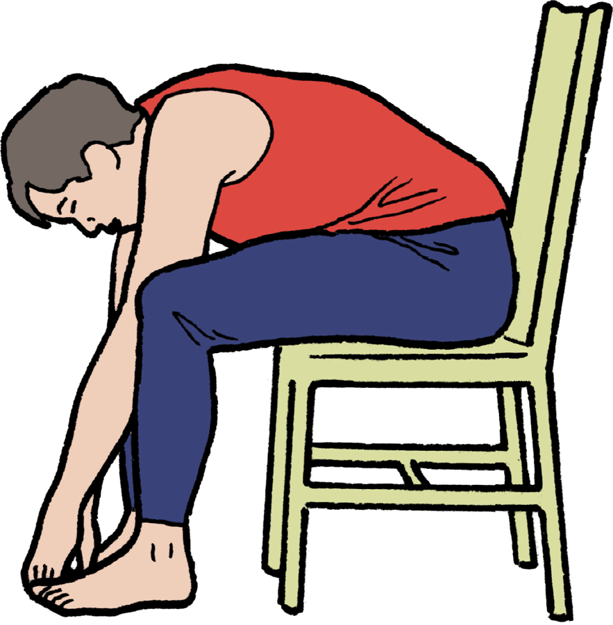 Woman sitting in her chair and touching her toes