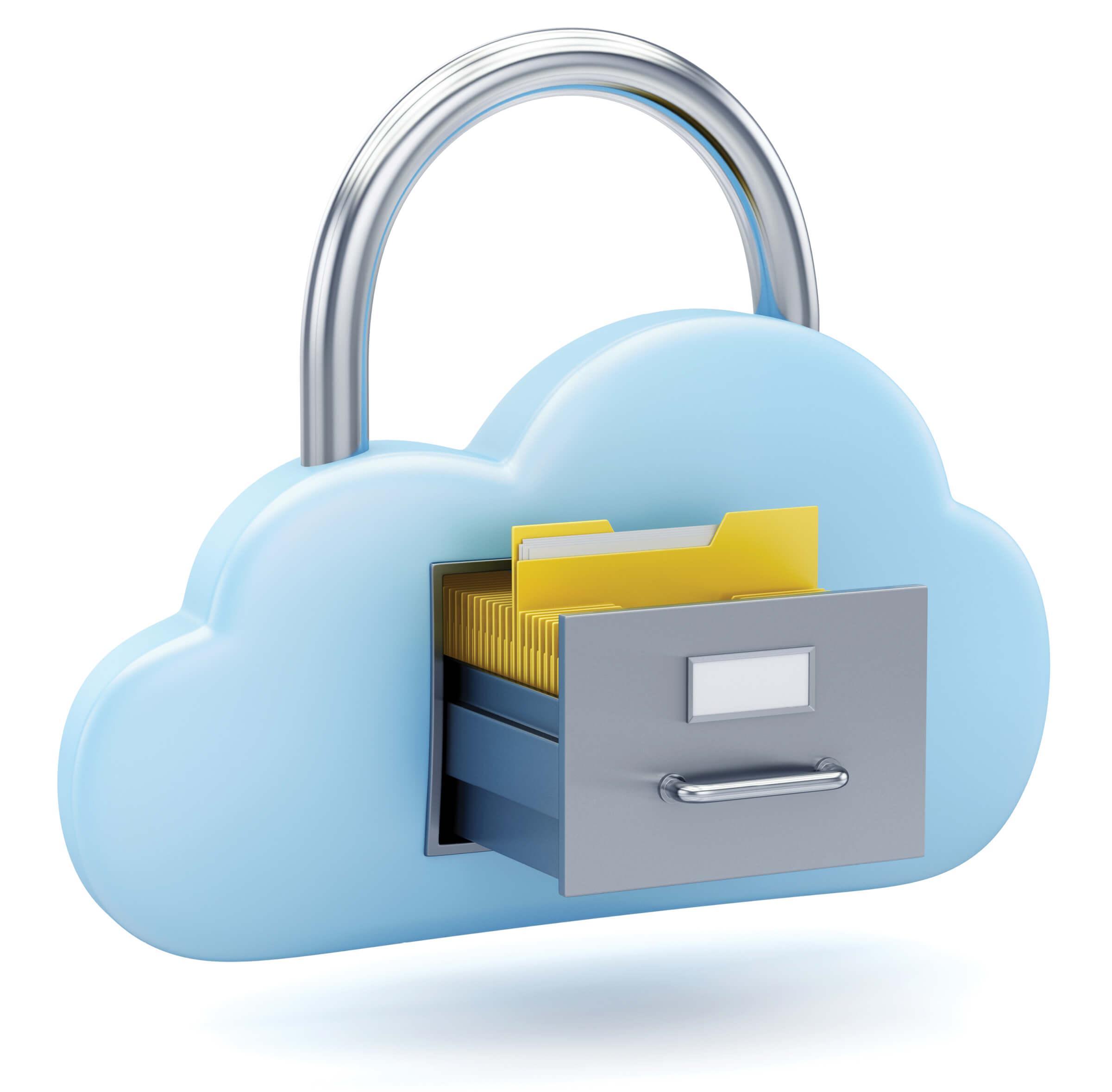 Photo illustration of a cloud with a drawer with files and a lock over it