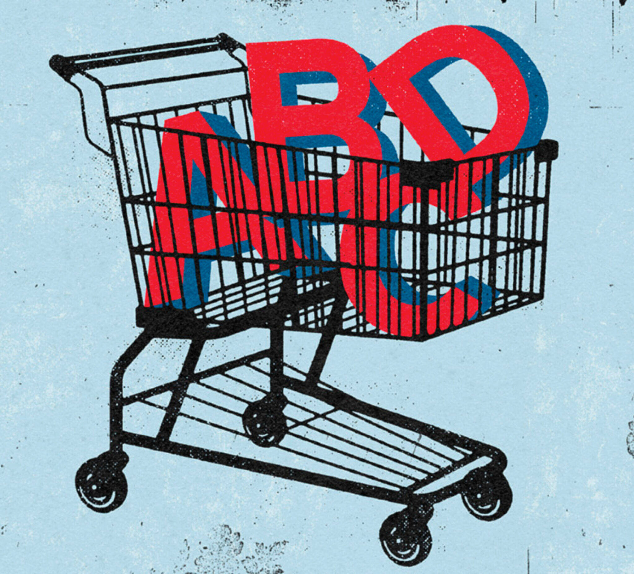 Illustration of a grocery cart with the letters A,B,C and D in it