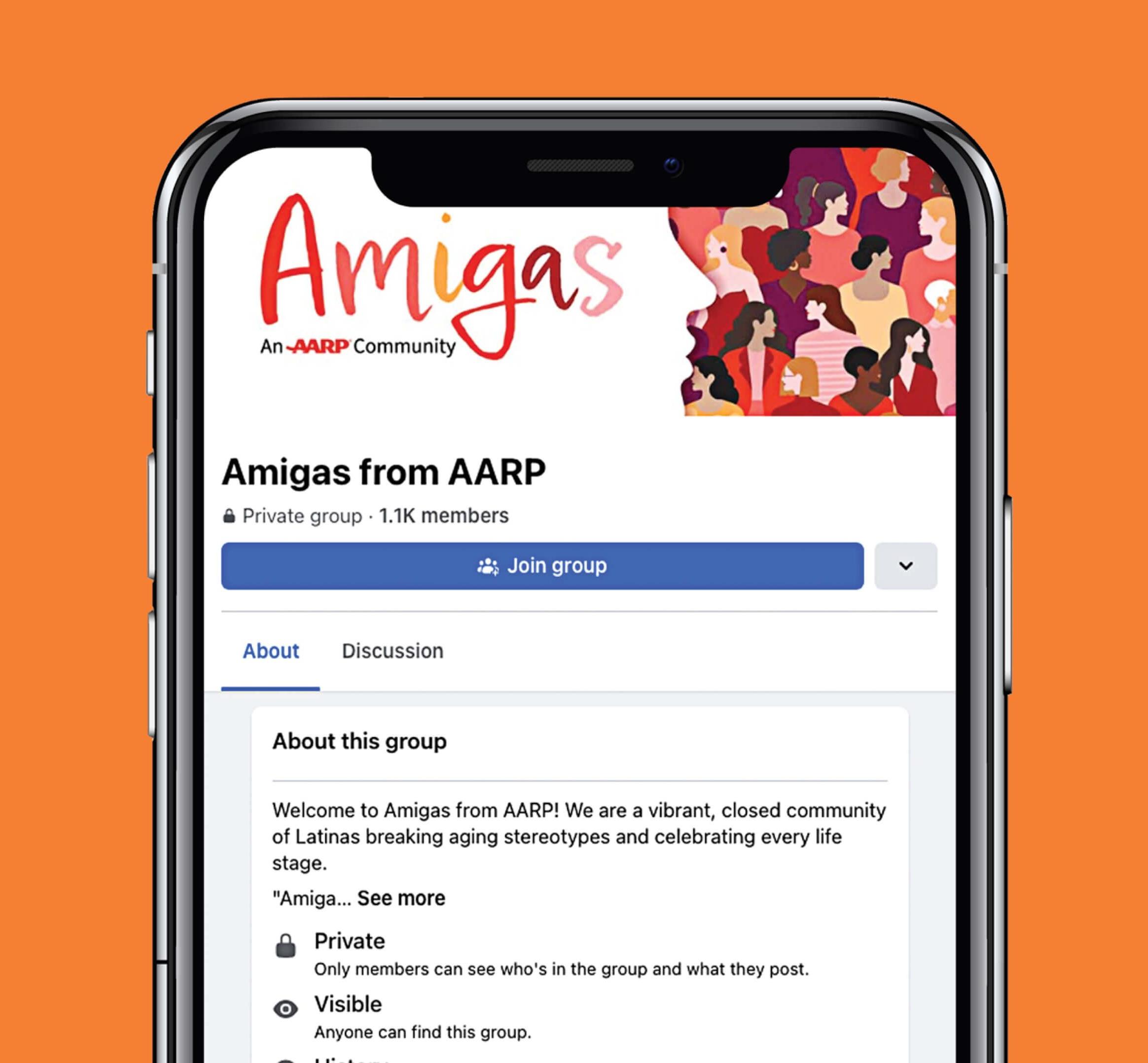 Image of a phone with the Amigas facebook group