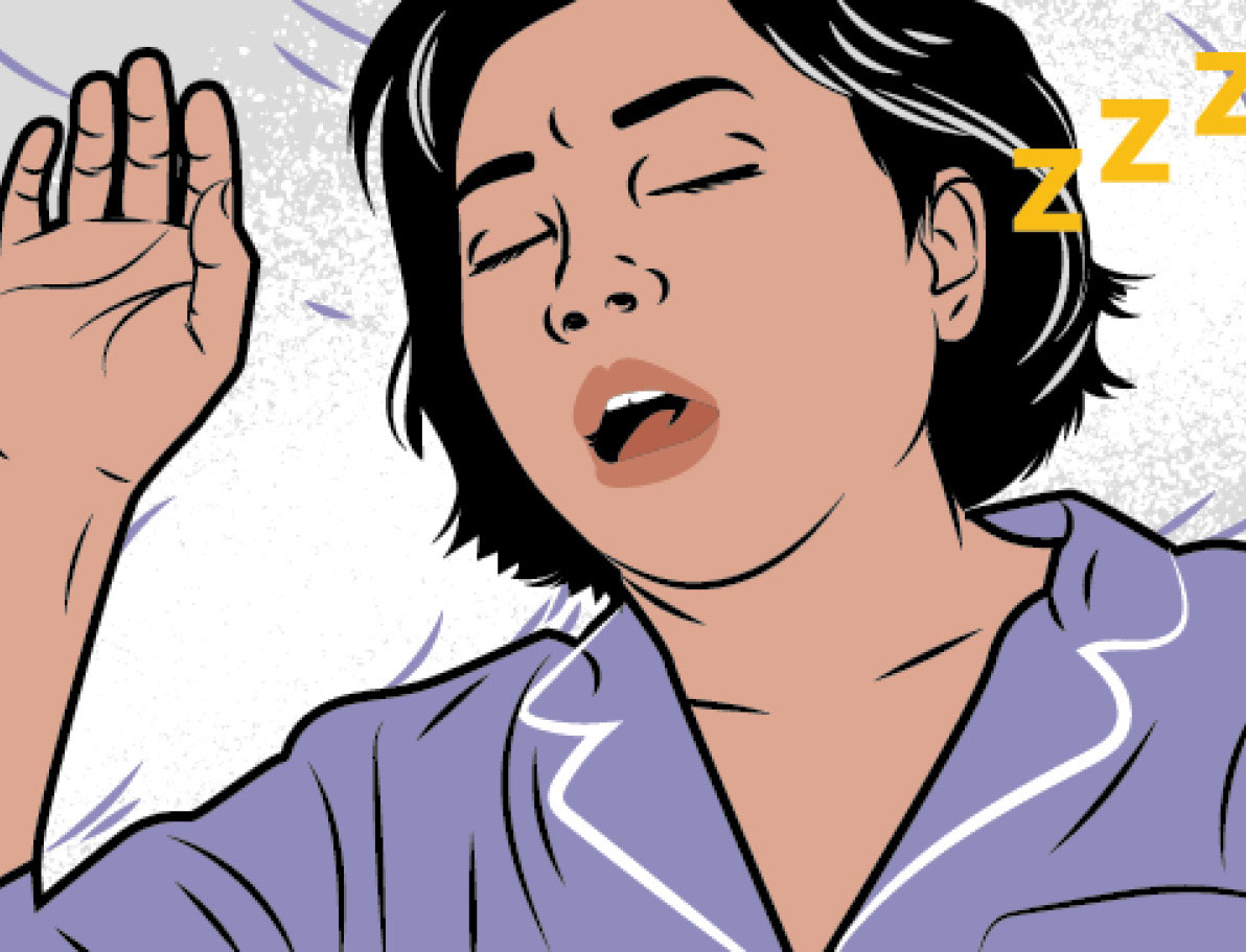 A woman lying in bed and snoring