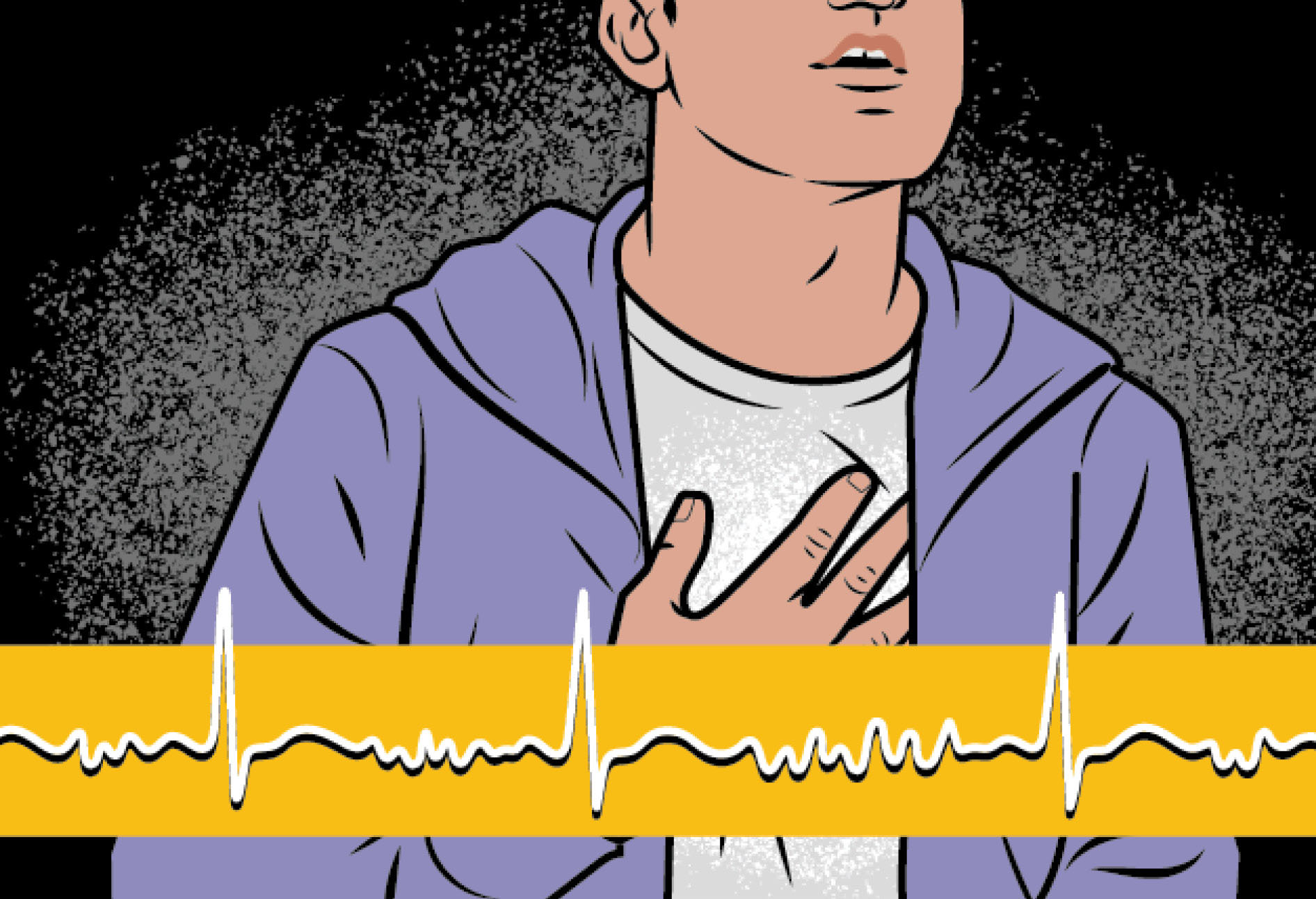 Illustration of a man with a hand on his chest and a heartbeat in front of him