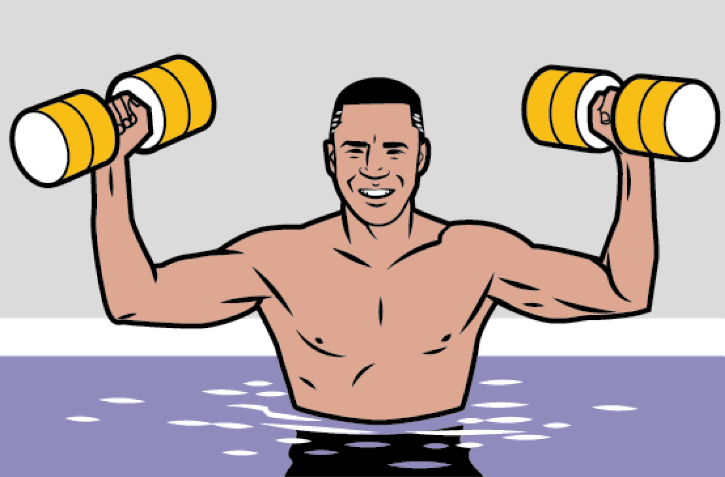 A man standing in a pool, holding dumbbells and doing a shoulder press