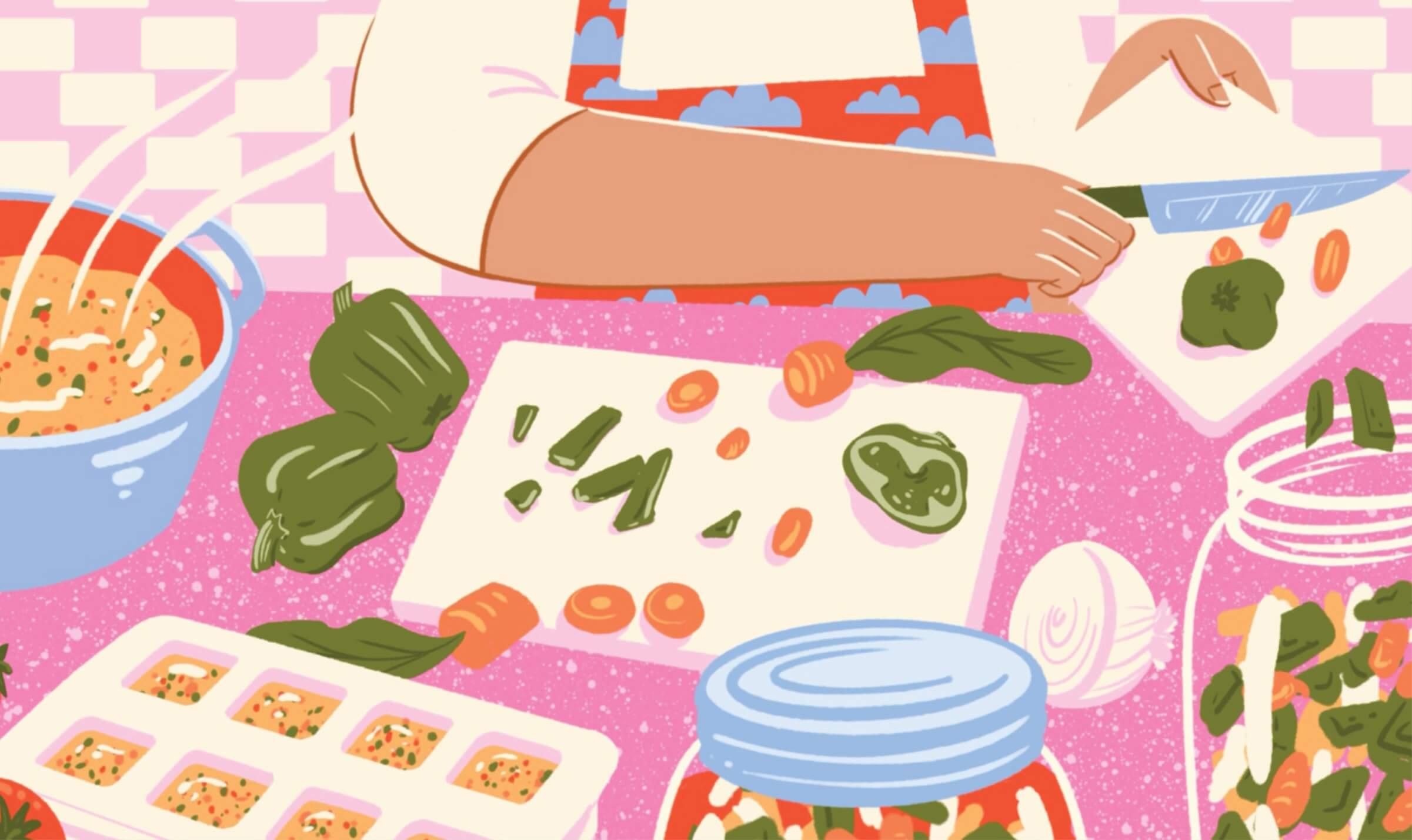 Illustration of a person in the kitchen chopping vegetable