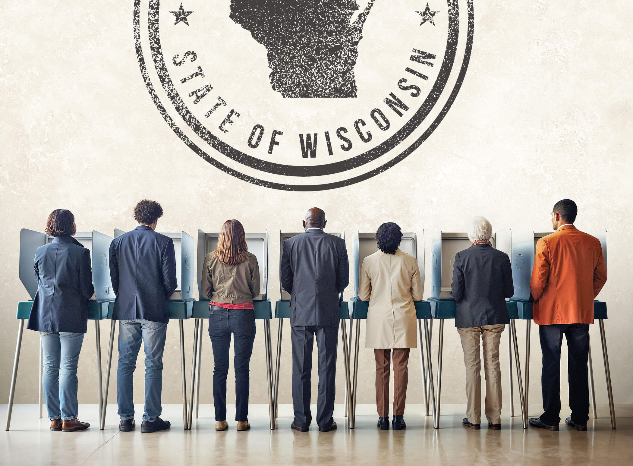 Photograph of a line of people voting in person with a stamp above them that says State of Wisconsin