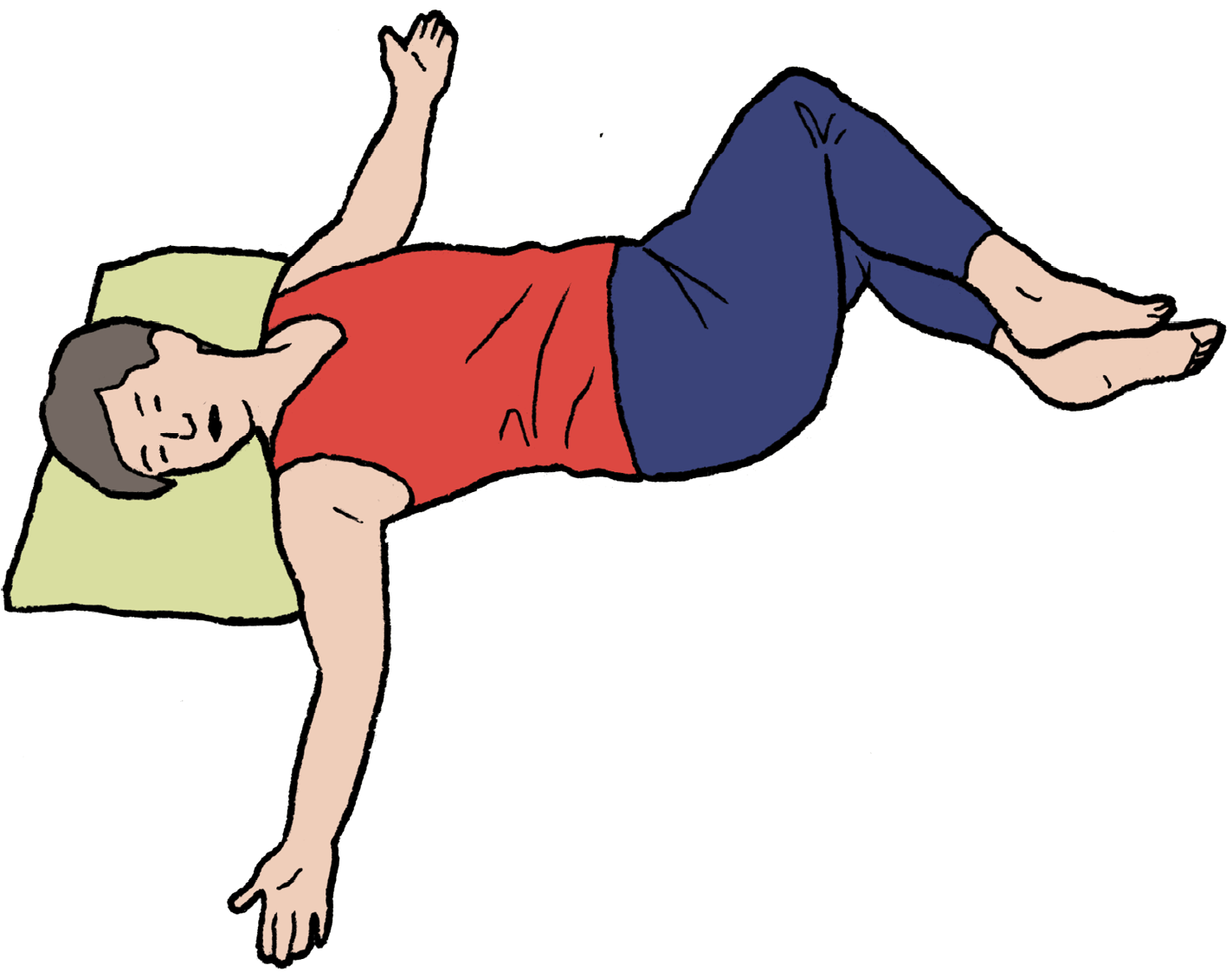 Woman on the floor with her neck propped up. Her arms are stretch to her sides, while her head looks to the left and her raised knees point to the right
