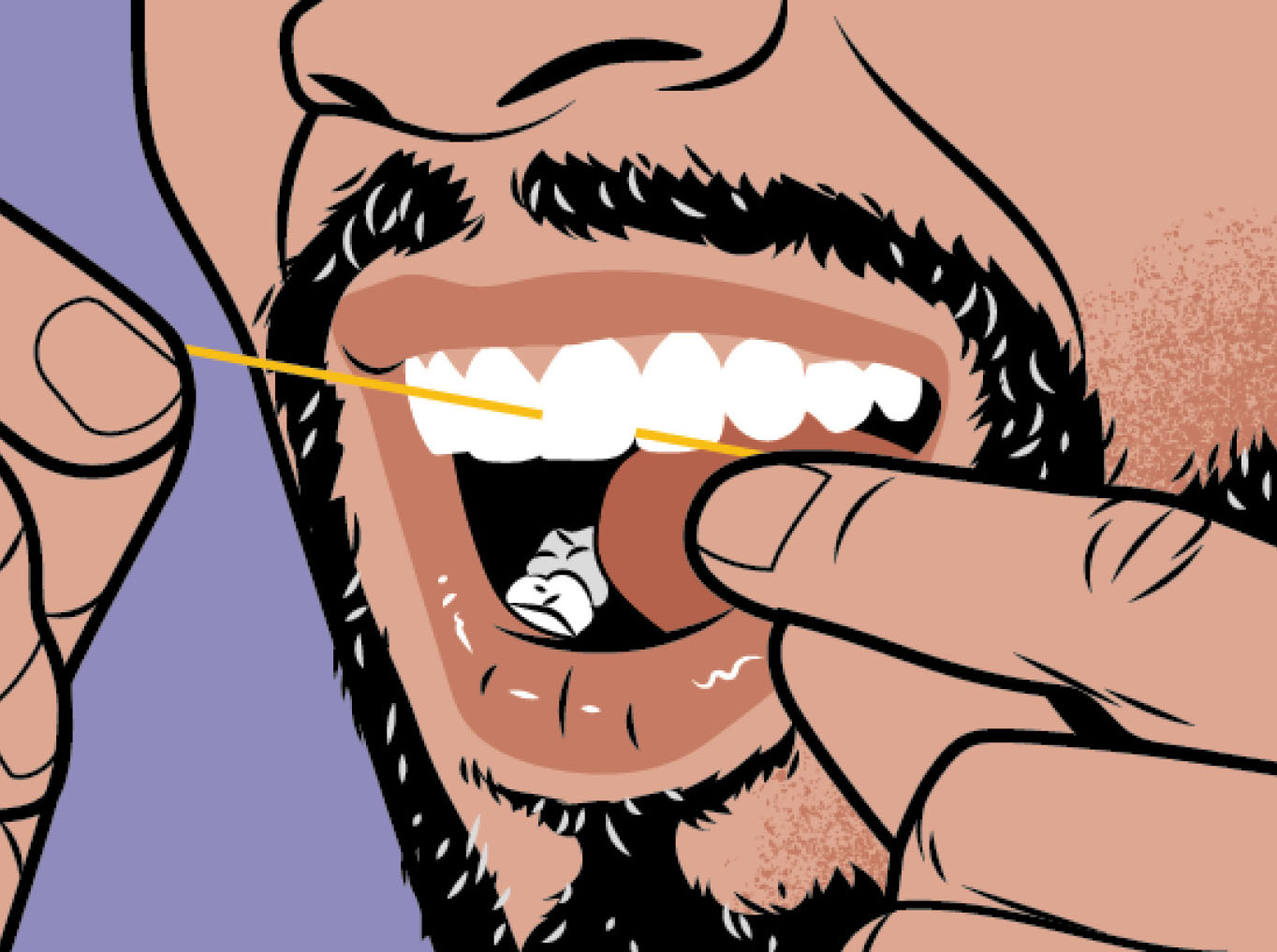 Zoomed in illustration of a man flossing his teeth
