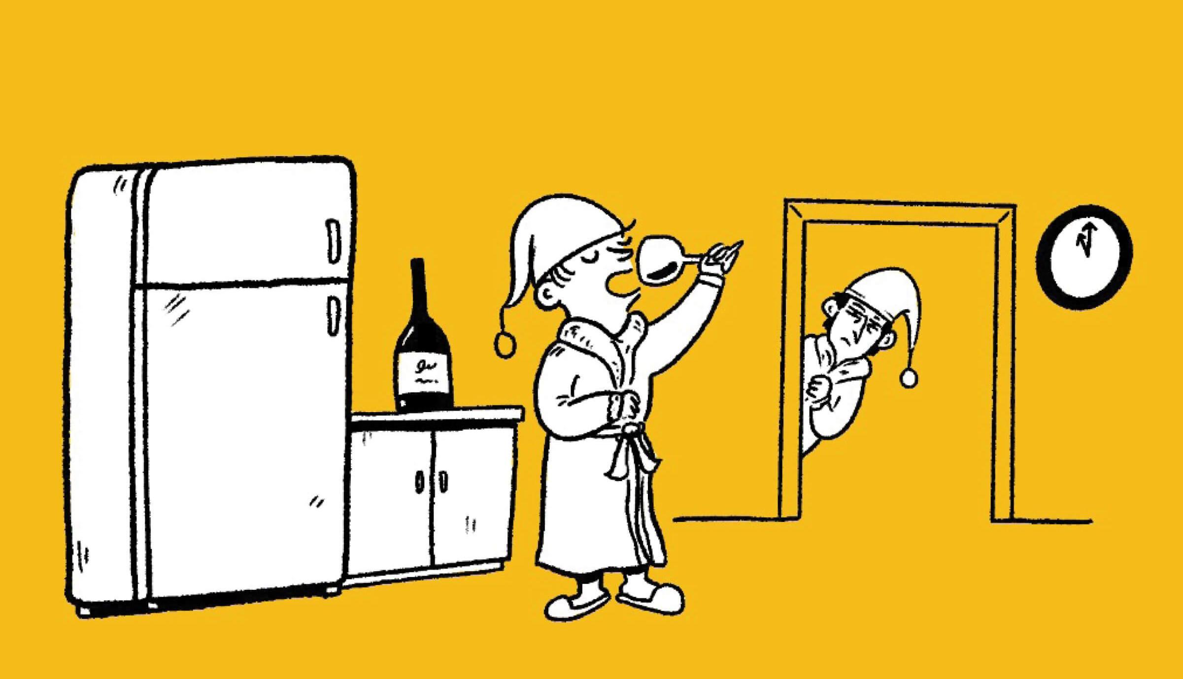 Illustration of a man drinking a glass of wine in the kitchen while another is peeping through the door looking at him