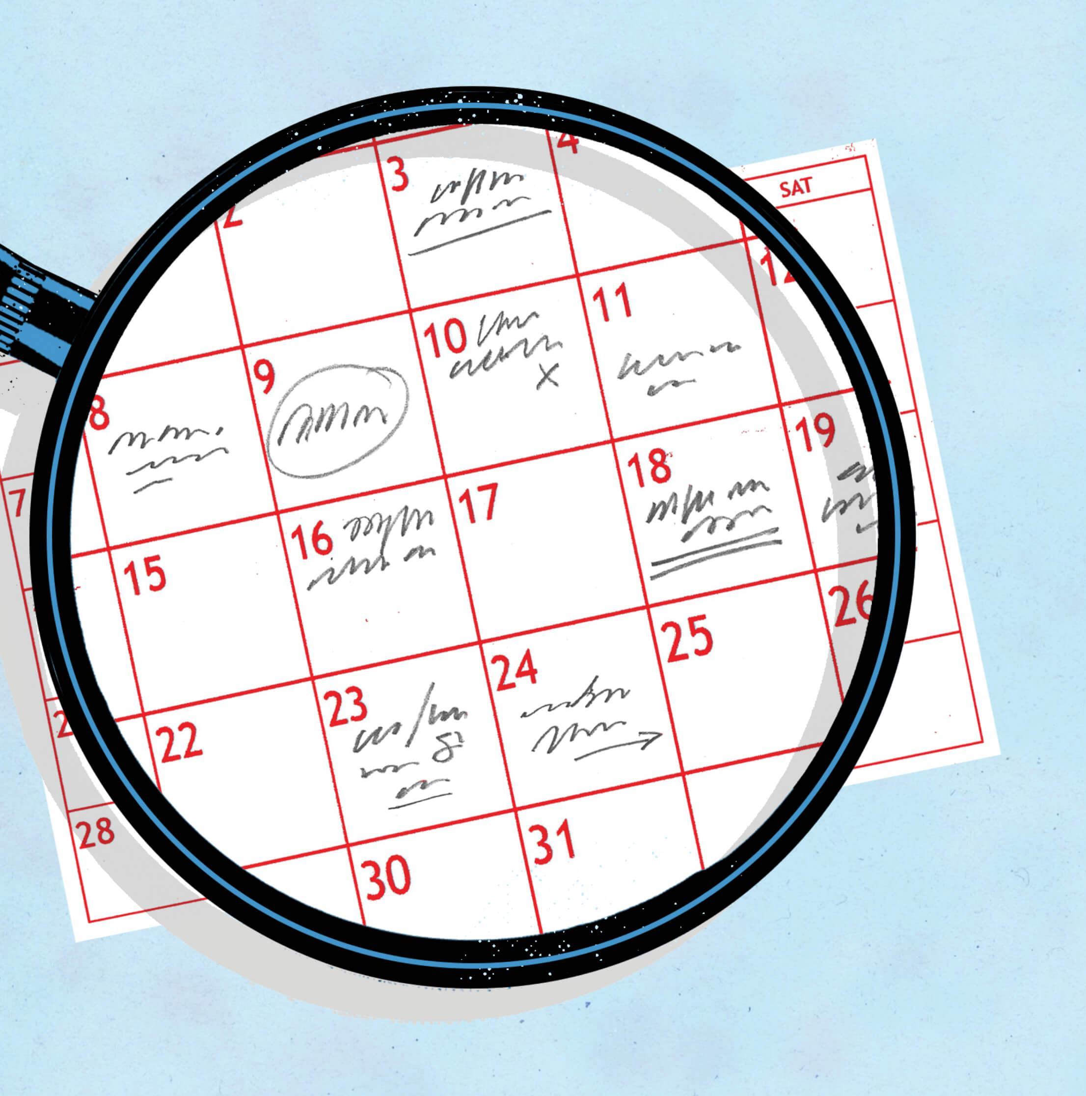 Illustration of a magnifying glass over a calender with notes written on it