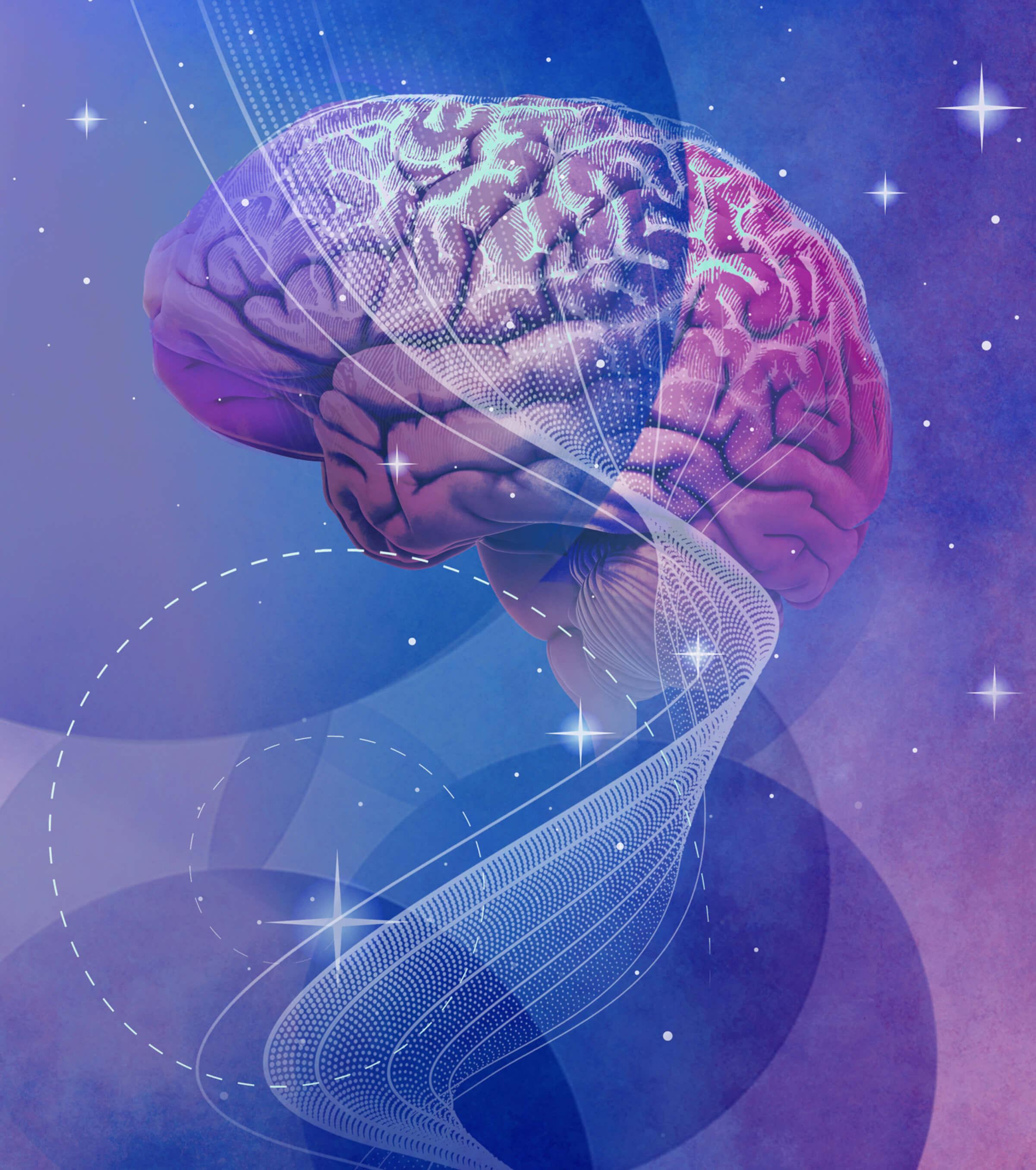 Photo collage of a brain interacting with DNA strands against a purple and blue background