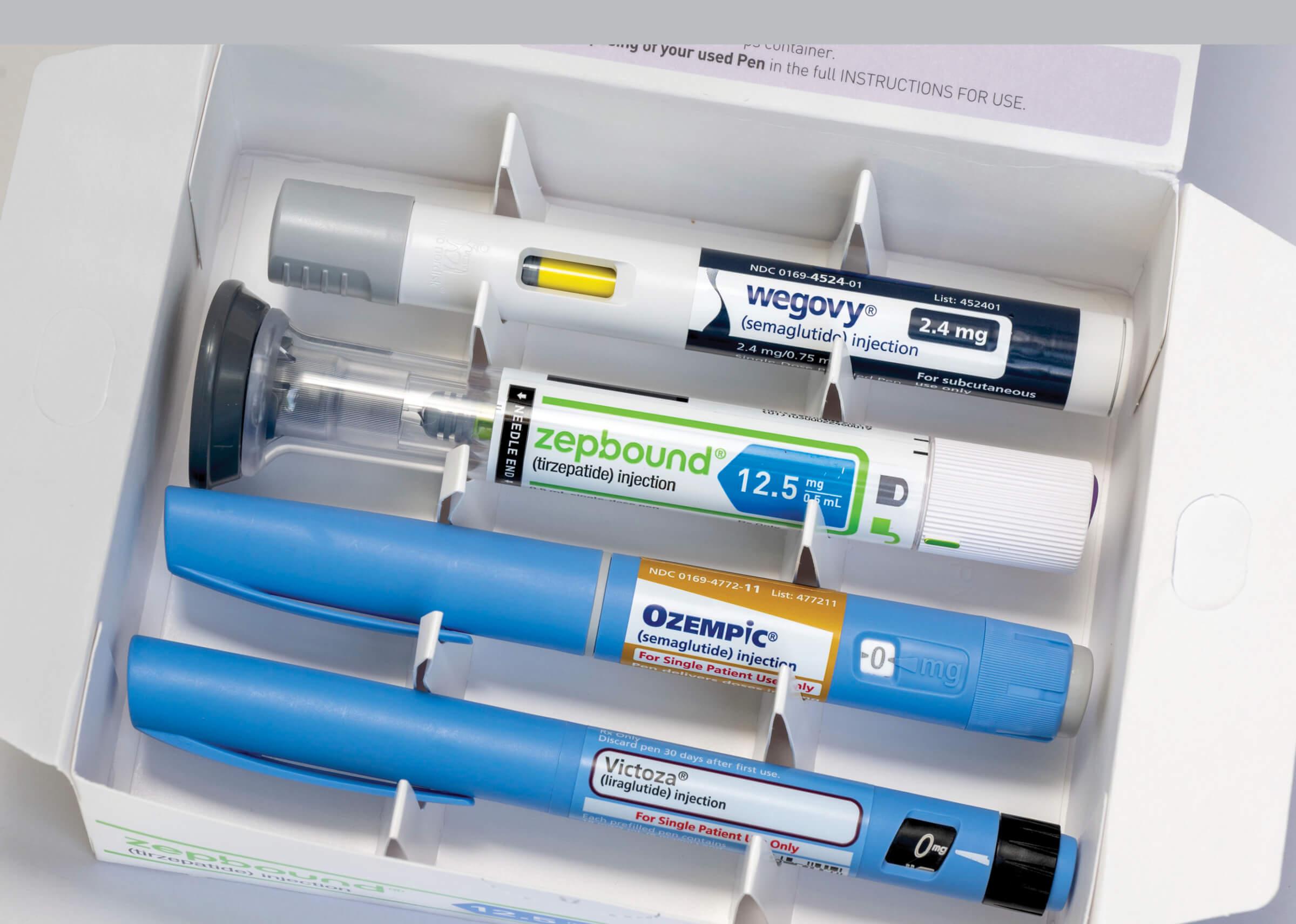 Top view of a box of several GLP-1 injections