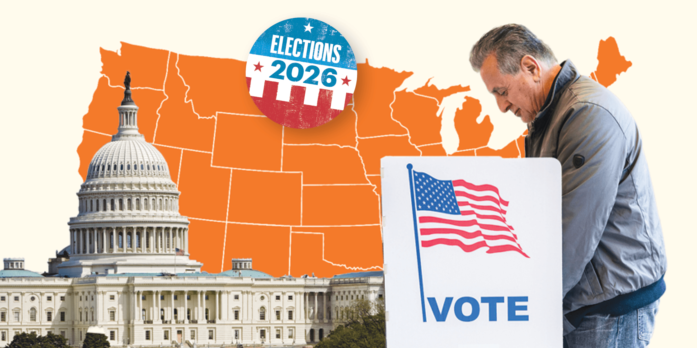 Collage of a man voting against the background of the US map along with the capitol behind him.