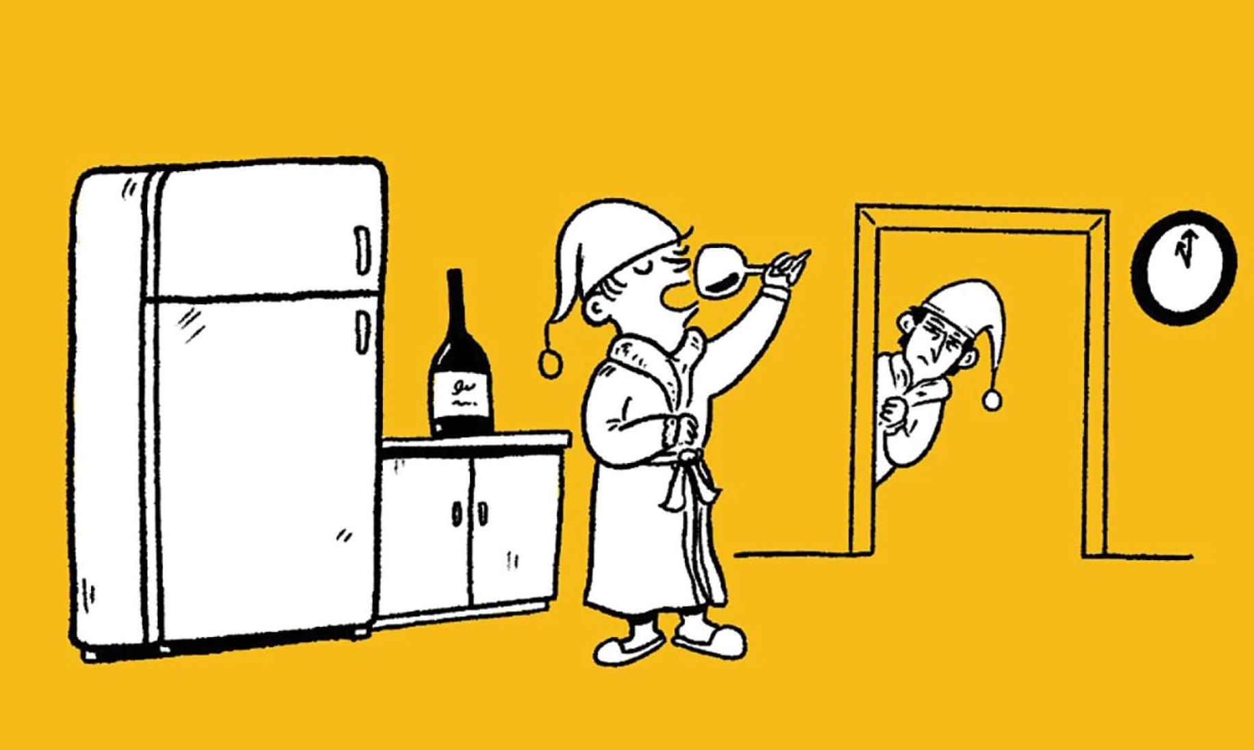Illustration of a man drinking a glass of wine in the kitchen while another is peeping through the door looking at him
