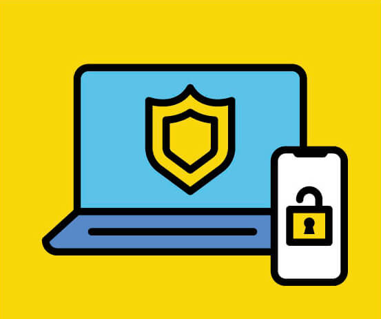 Illustration of a laptop computer with an antivirus shield on the screen and a smartphone with a lock symbol on the screen