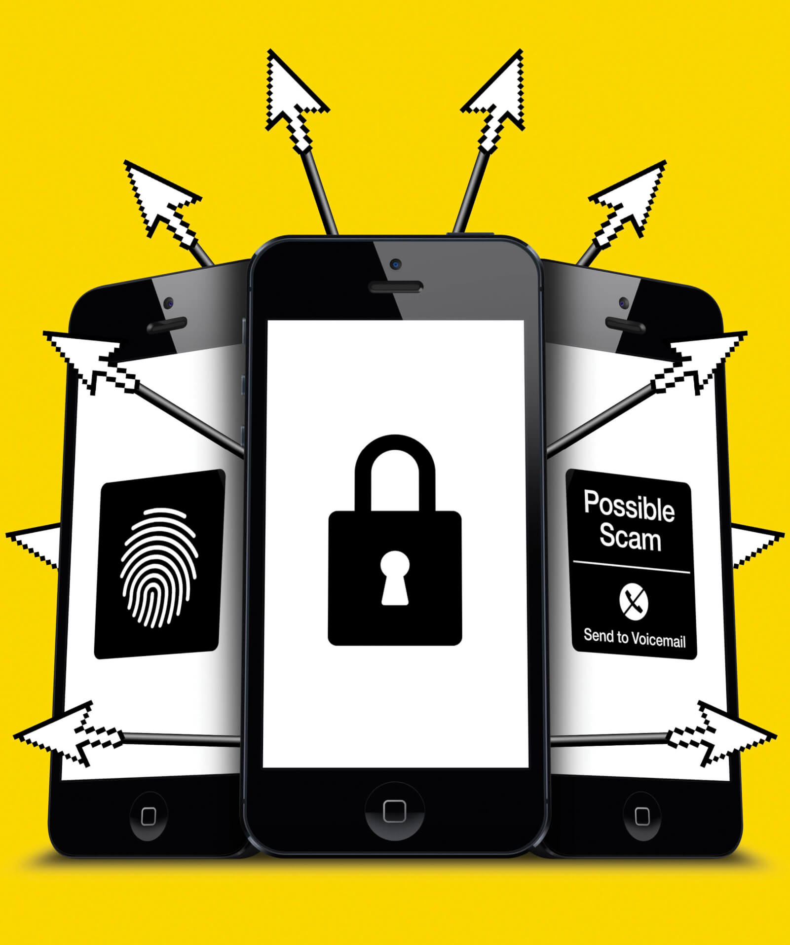 Photo illustration of 3 smartphones with a touch ID symbol, a lock and a scam warning on their screens