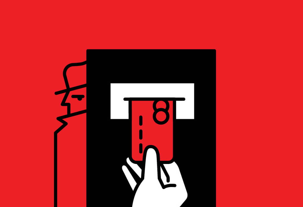 Illustration of a person inserting a credit card into a credit card reader while a fraudster lurks in the background