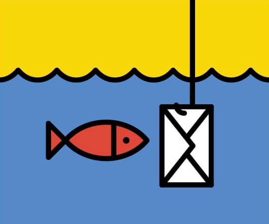 Illustration of a fish under water looking at an email letter dangling from a fish hook in front of it