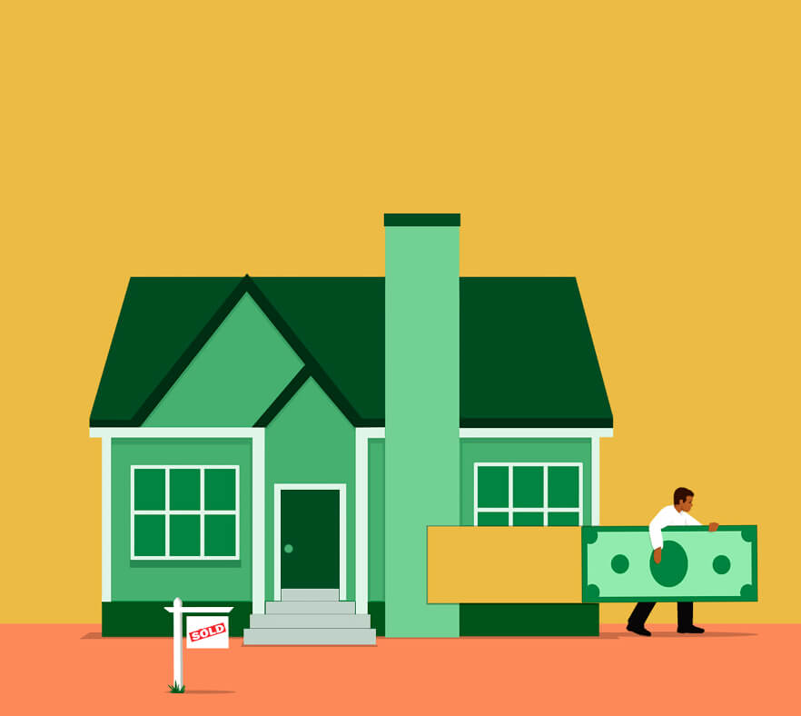 Illustration of a man walking away from a house carrying a dollar bill, giving the illusion that the bill has left a hole in the house.