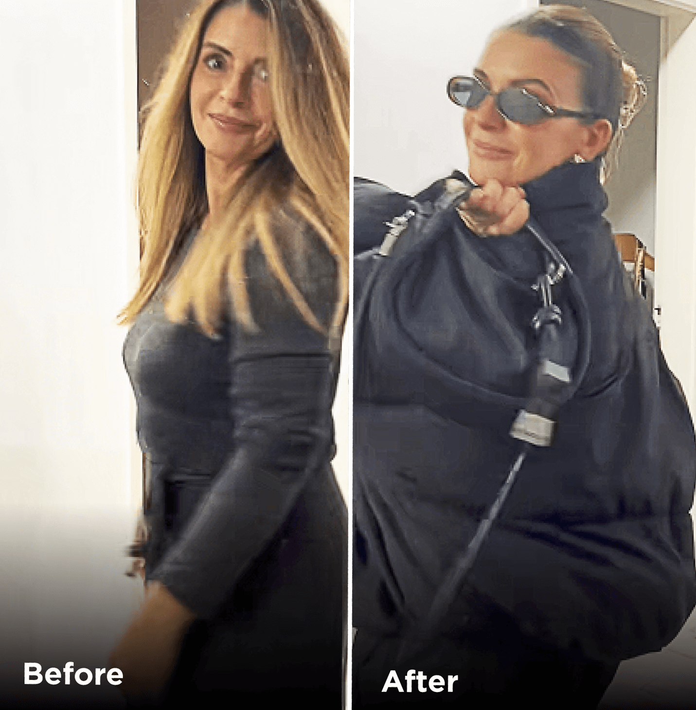 Side-by-side before and after photos of a mother wearing a black outfit styled by her daughter