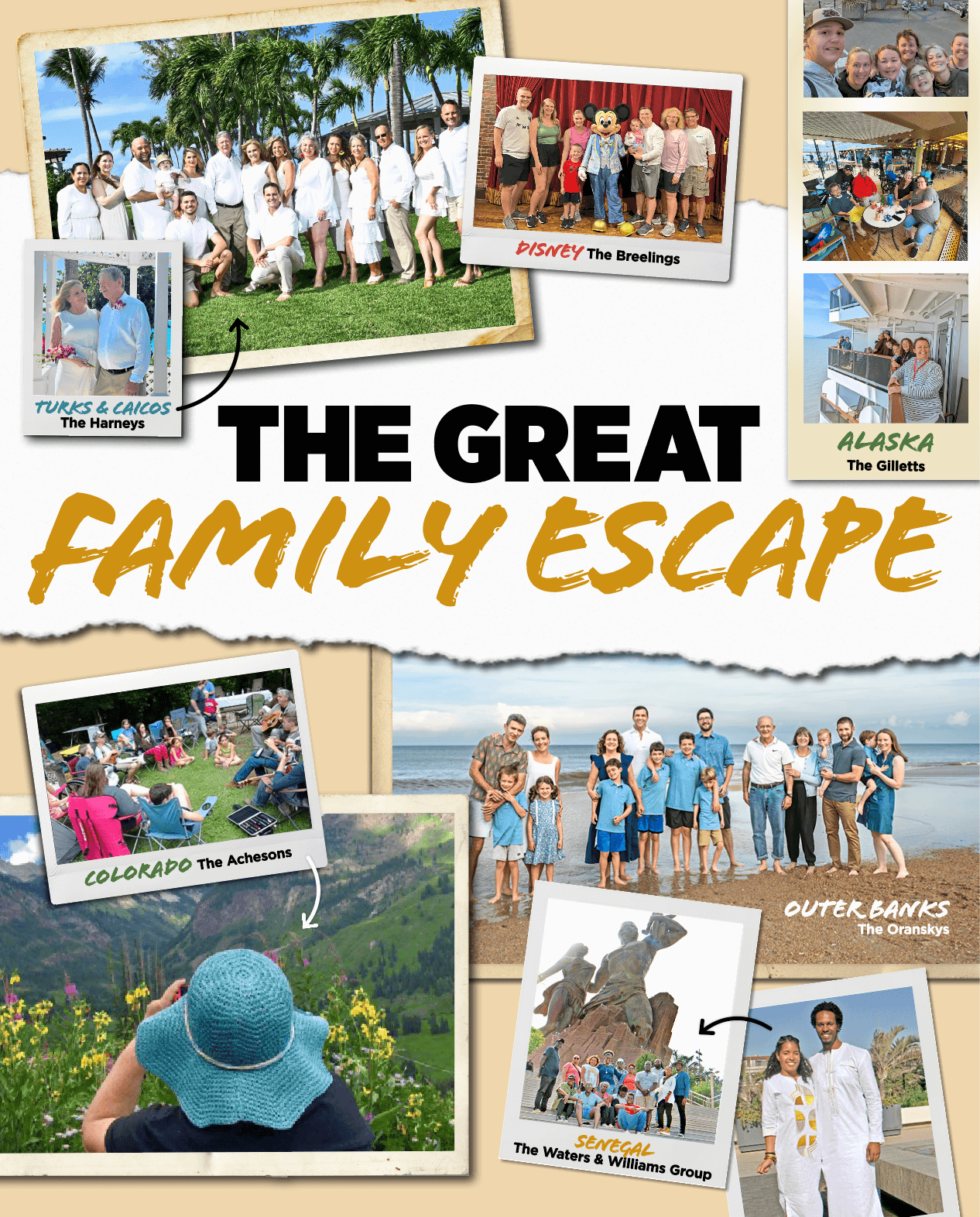 Photo collage headline graphic showing various family vacation photos and type that says THE GREAT FAMILY ESCAPE