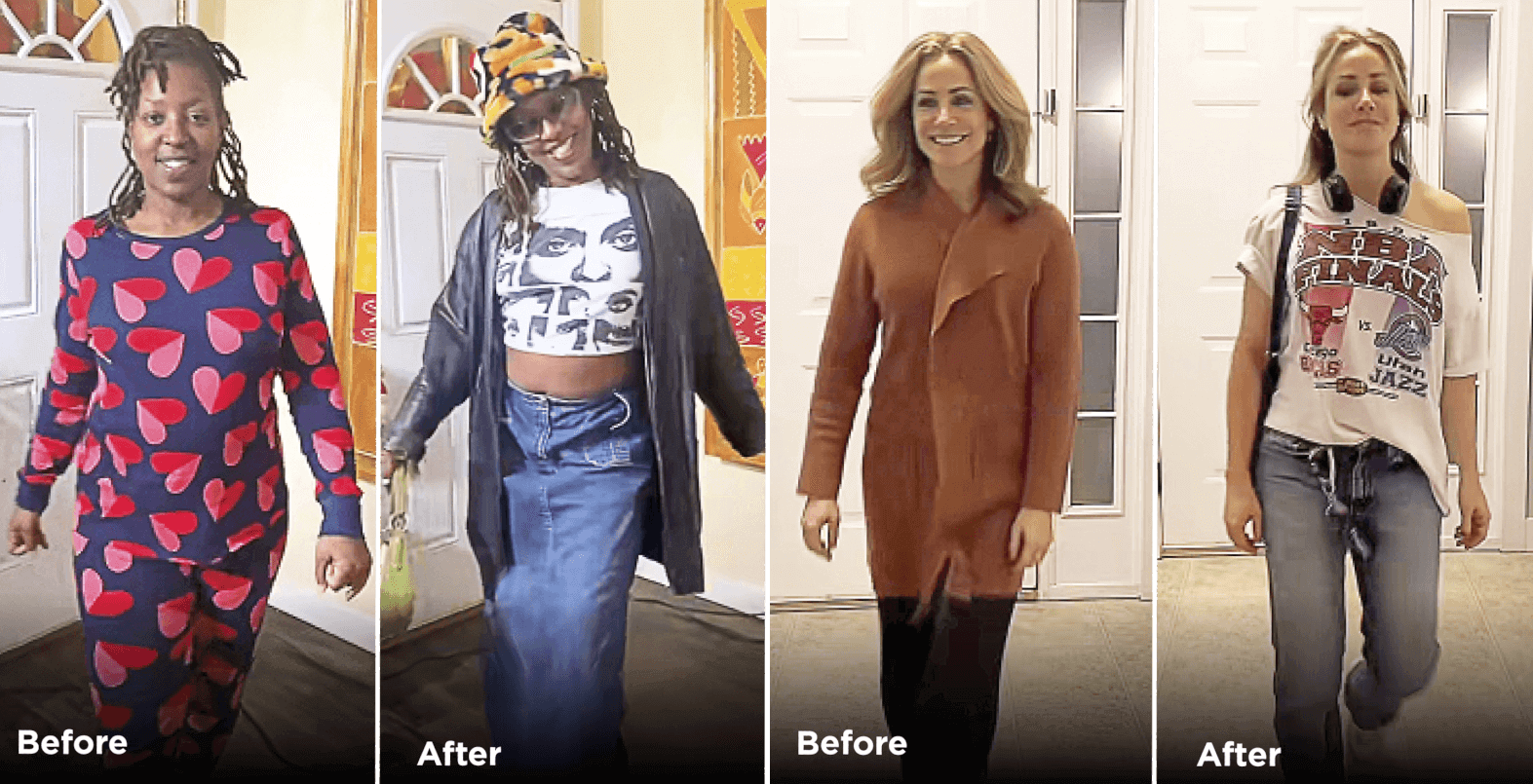 Two pairs of before and after photos of mothers wearing outfits styled by their daughters