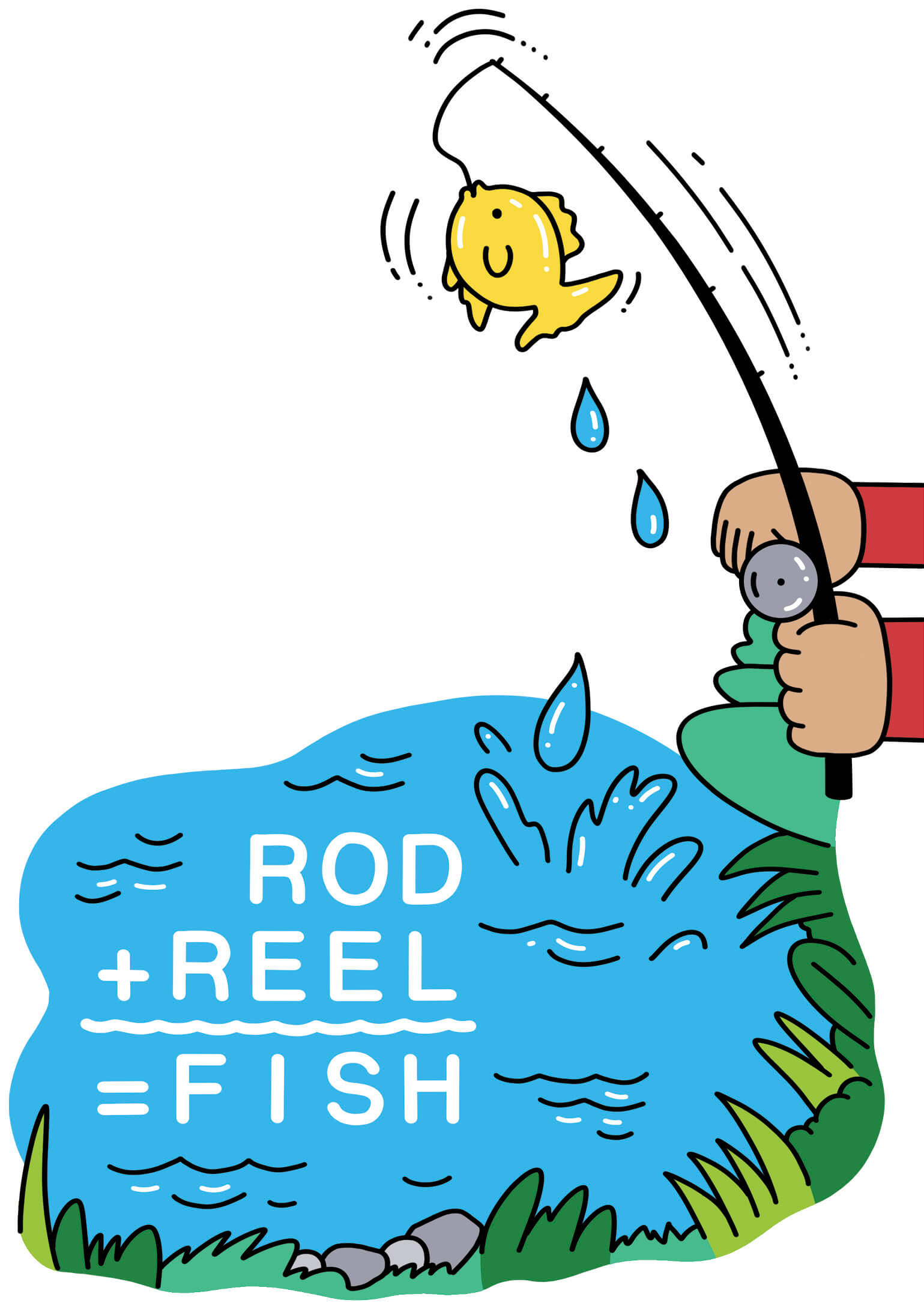 Illustration of hands holding fishing rod above a pond with a yellow fish on the line. The type says ROD + REEL = FISH