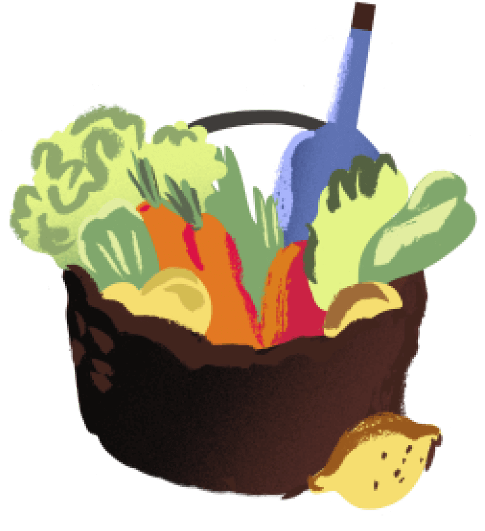 Illustration of a basket full of fresh farm vegetables