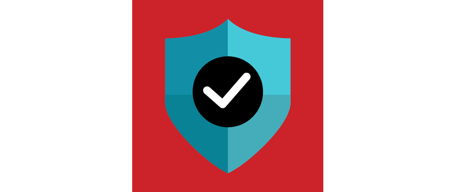 Icon illustration of a shield with a check mark on a red square background