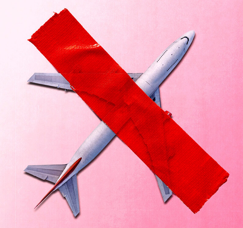 Photo illustration of an airplane with a piece of red tape over it