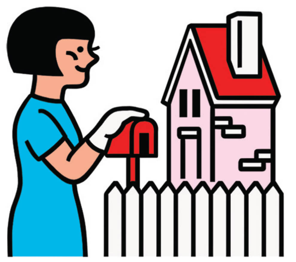 Illustration of a woman resting her white-gloved hand on a red mailbox in front of a pink house and a white picket fence