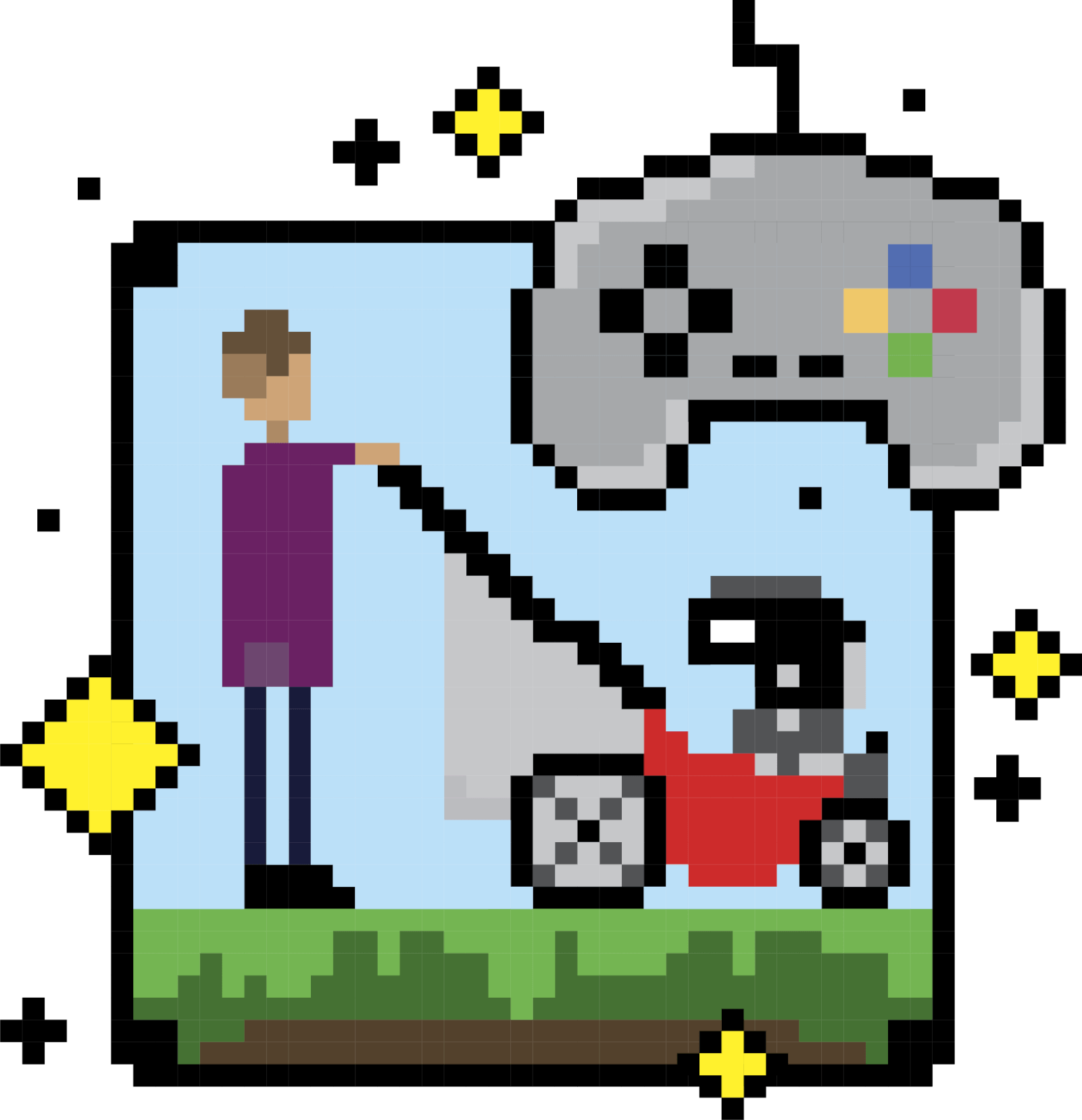 Illustration of a gaming screen showing a person cutting a lawn