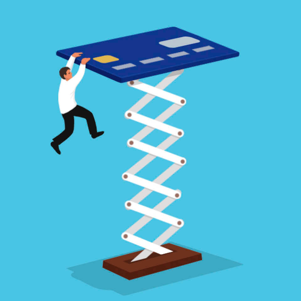 Illustration of a miniature man holding onto the edge of a credit card that is on a spring. 