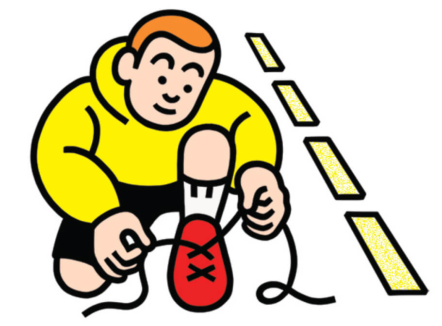 Illustration of a young man tying the shoelace on his red running shoe