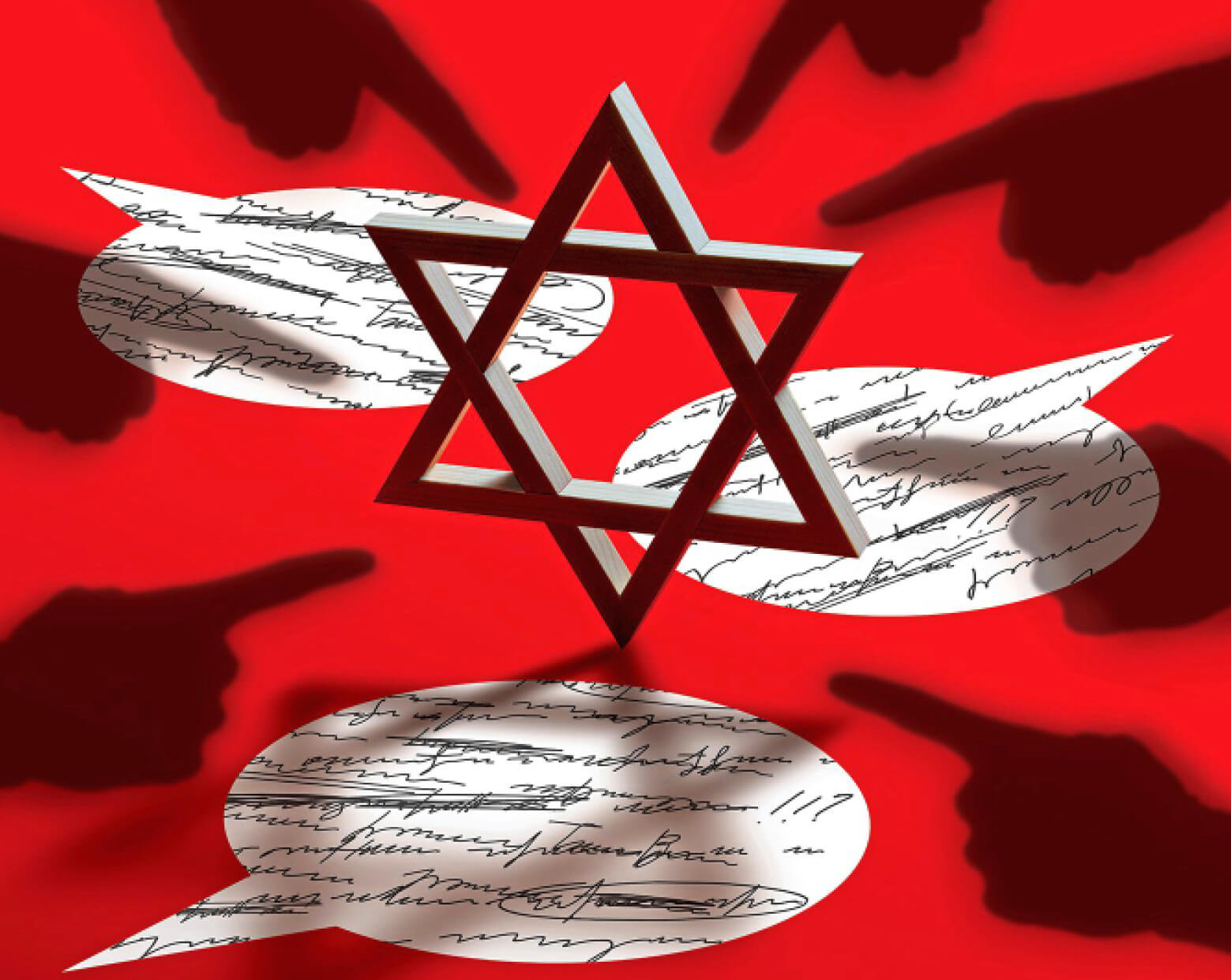 Illustration of a Star of David on a red background surrounded by several hands pointing fingers at it