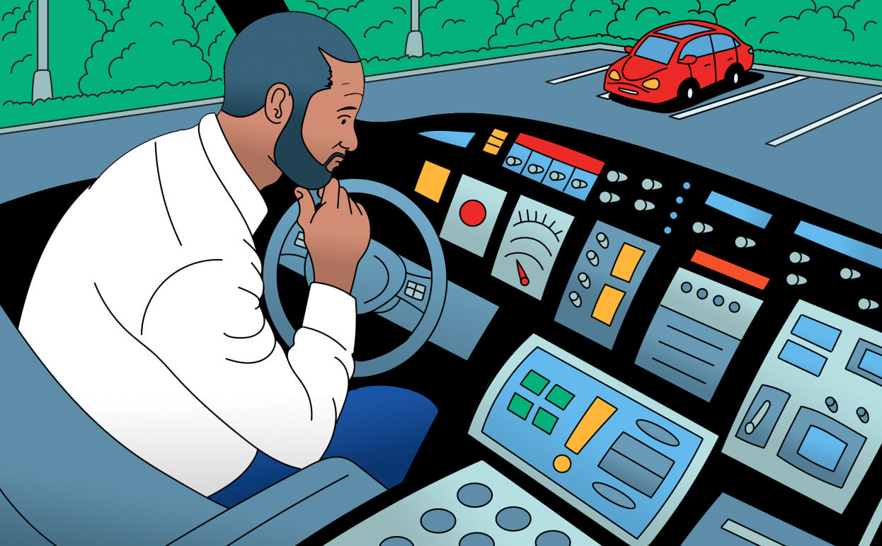 Illustration of a man looking puzzled as he views the complex dashboard of his rental car