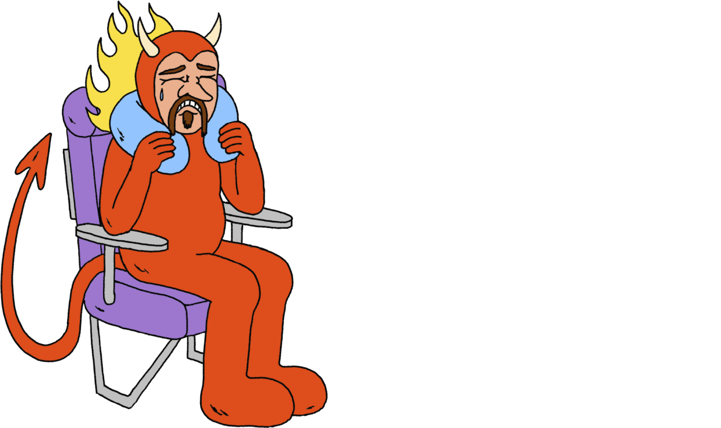 Humorous illustration of a devil in an airplane seat with a travel pillow around his flaming neck looking anguished