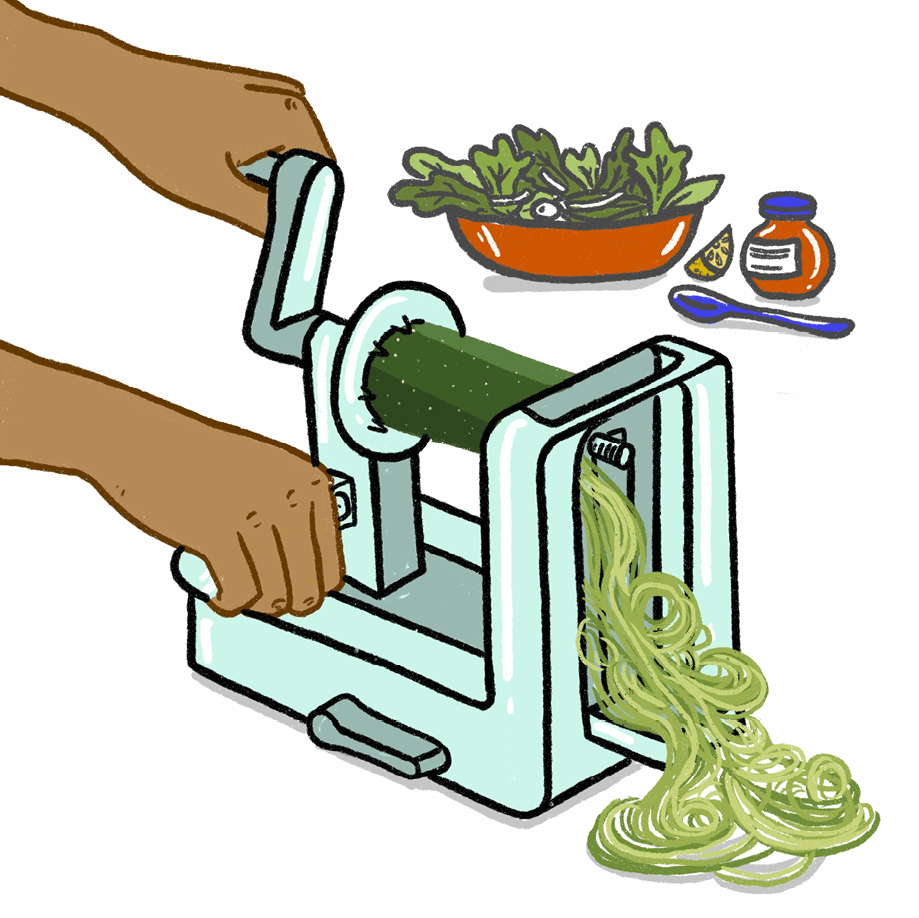 Illustration of a person using a spiralizer to make veggie noodles