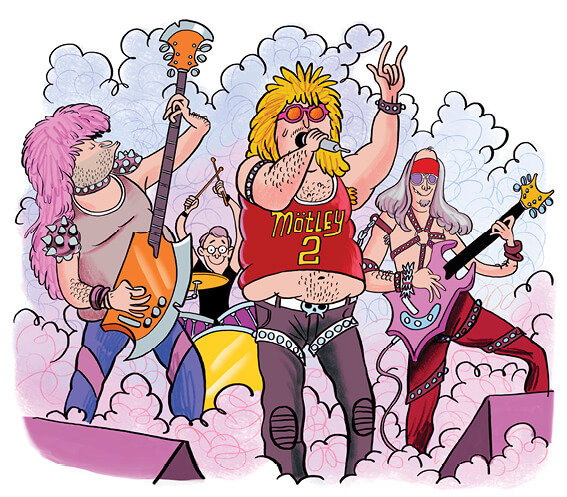 Illustration of a four-member tribute band named Motley 2.