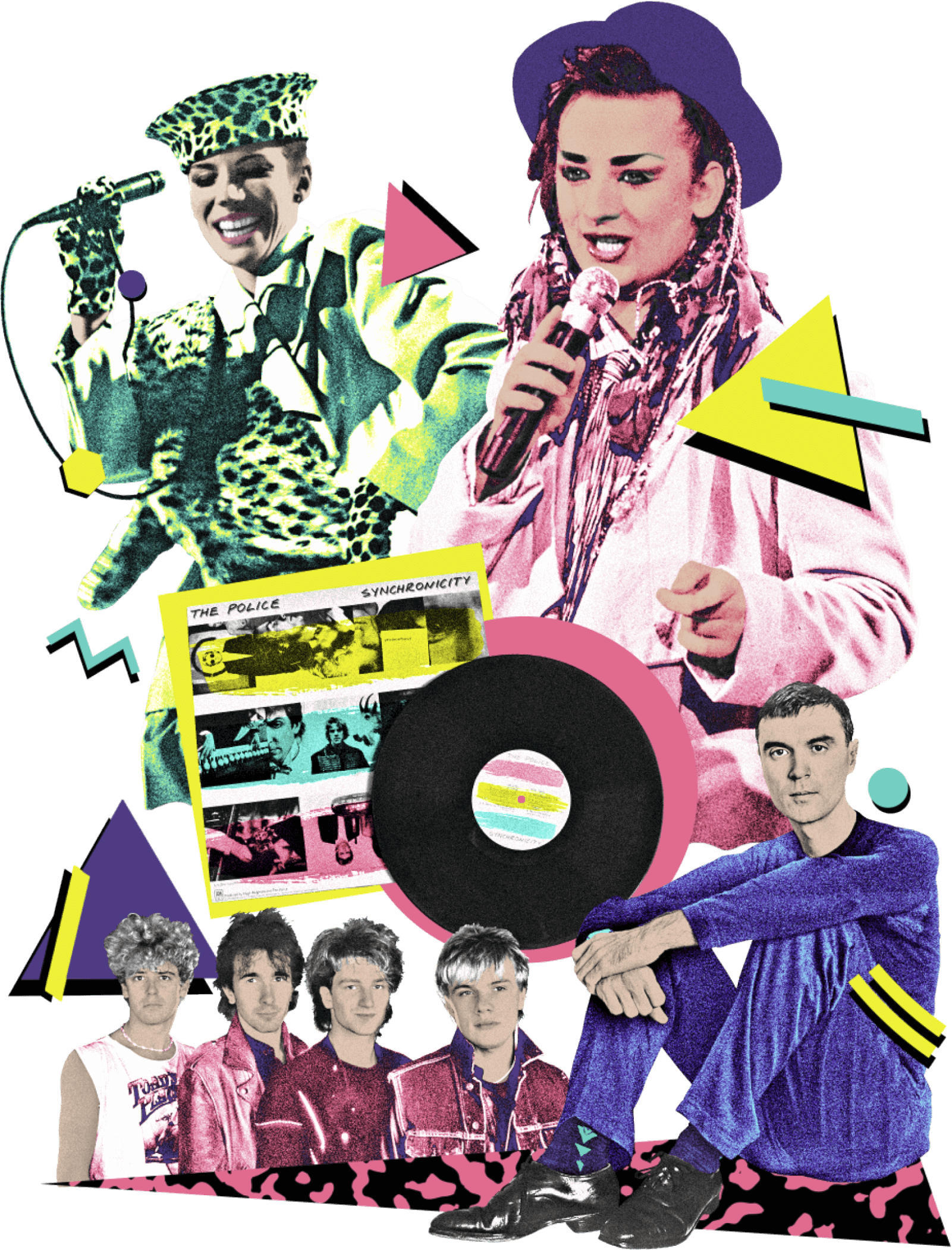 Photo collage of various New Wave musical artists