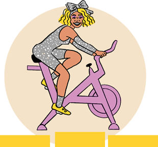 Illustration of Whitney Houston on an indoor cycling bike.