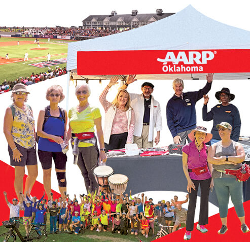 Photo collage of AARP volunteers and AARP Members at various AARP State Office events, including a walking club meet up and a moonlight bike ride.