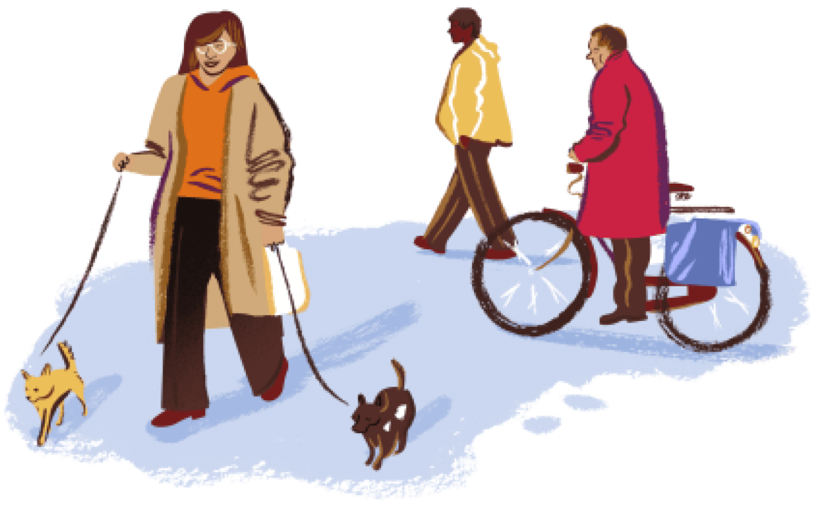 Illustration of a woman walking her dogs