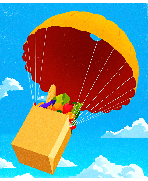 Illustration of a full paper grocery bag with parachute, falling from the sky.